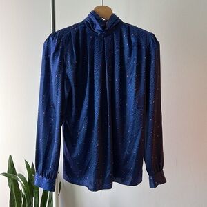 Vintage TESS Paris Milano Blue Print High Neck Pleated Blouse 8 P